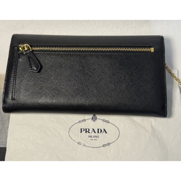 Prada Saffiano Leather Letter Continental Flap Wallet Black Authentic Card Incl - Picture 3 of 15